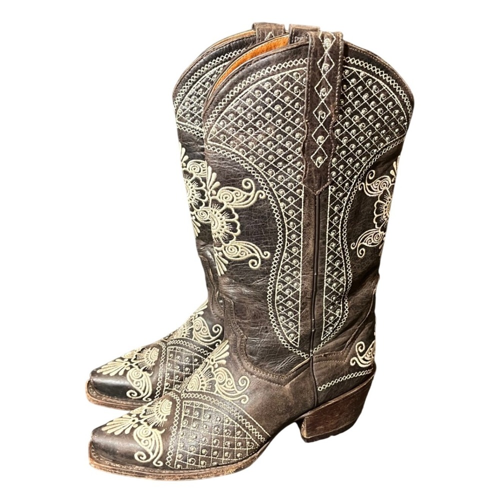 Golden Guns Cowboy Boots Womens 6 Brown Embroidered Leather Snip Toe Western
